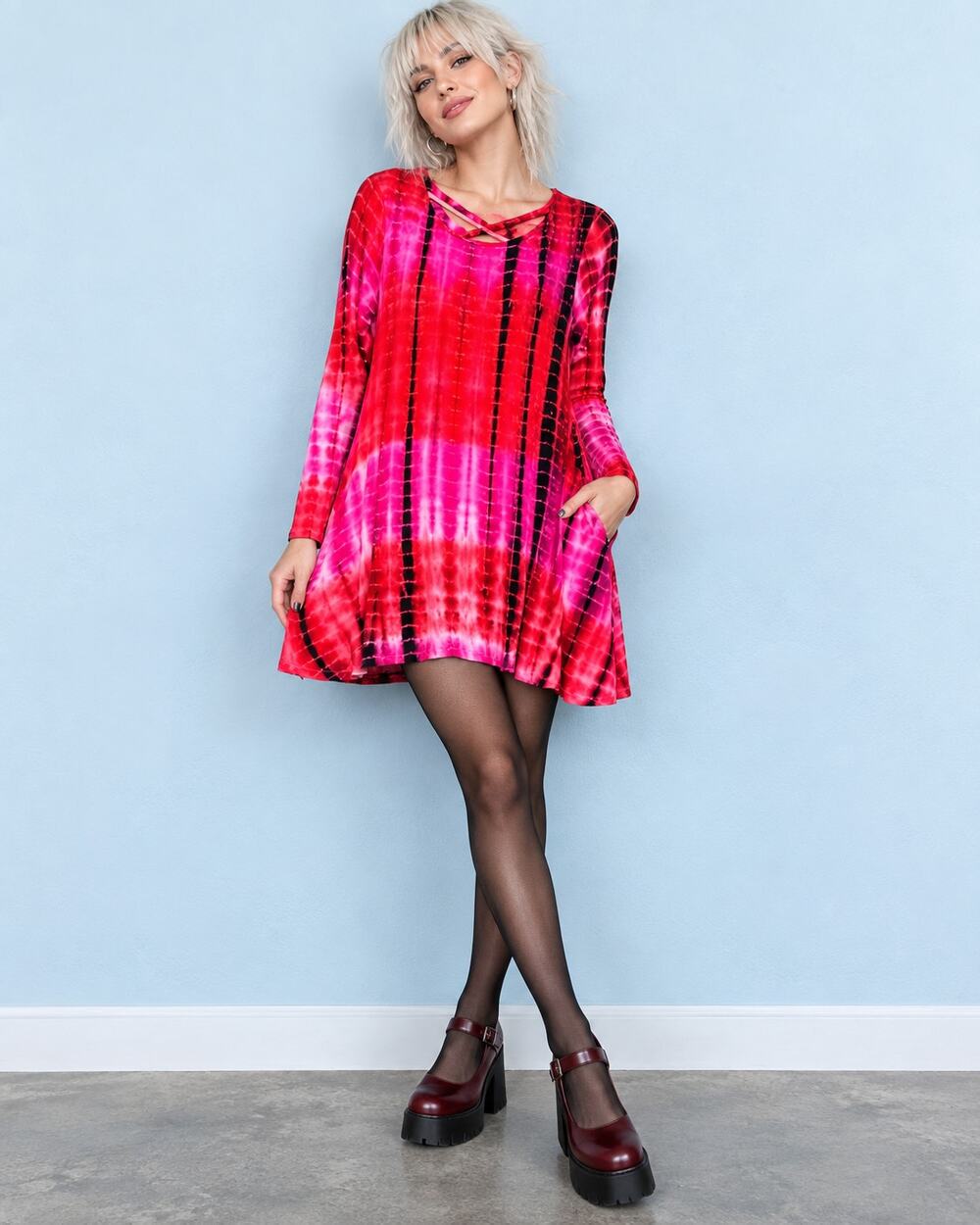 Pink Red Black Tie Dye Long Sleeve Swing Dress Tunic Crisscross Neck